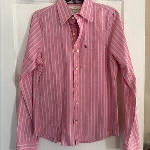 Abercrombie & Fitch Men's Pink and White Striped Shirt